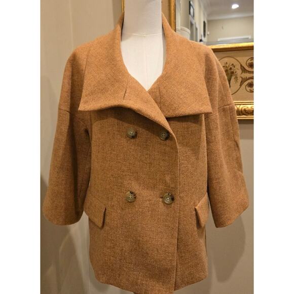 Talbots Peacoat 100% Wool Double Breast Front Pockets Tan Jacket Womens Size 10 - Picture 2 of 11